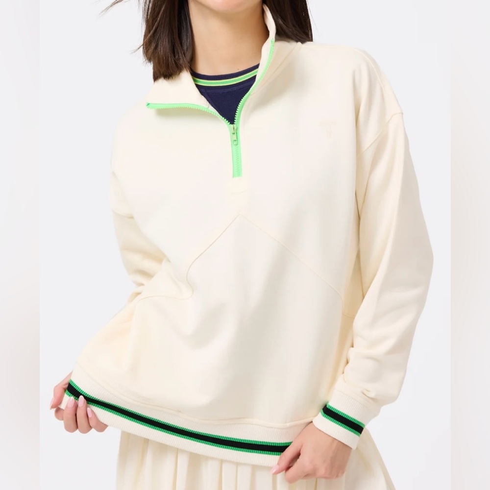 NWT Terez Colorblock Quarter Zip Sweatshirt in Sugar Swizzle, Cream, XS